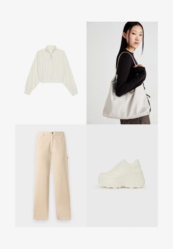 Kreptais pusītes džemperis krēmkrāsā, ar augstu apkakli, puszipa aizdari, elastīgu apakšmalu un aprocēm, ar gludu tekstūru un minimālistisku dizainu.; Beige korduroja bikses ar plašu kāju griezumu, vertikālu ribotu tekstūru, priekšējām kabatām un sānu pogas detaļu.; Baltie platformas sporta apavi, kas izgatavoti no gludas mākslīgās ādas, ar noapaļotu formu, mīkstu apkakli un teksturētu gumijas zoli ar izteiktiem rakstiem.; Bežs rokassoma, izgatavota no mīksta materiāla, ar brīvu dizainu, izšūtu apdari un divām plecu siksnām. Piemērota ikdienas lietošanai.
