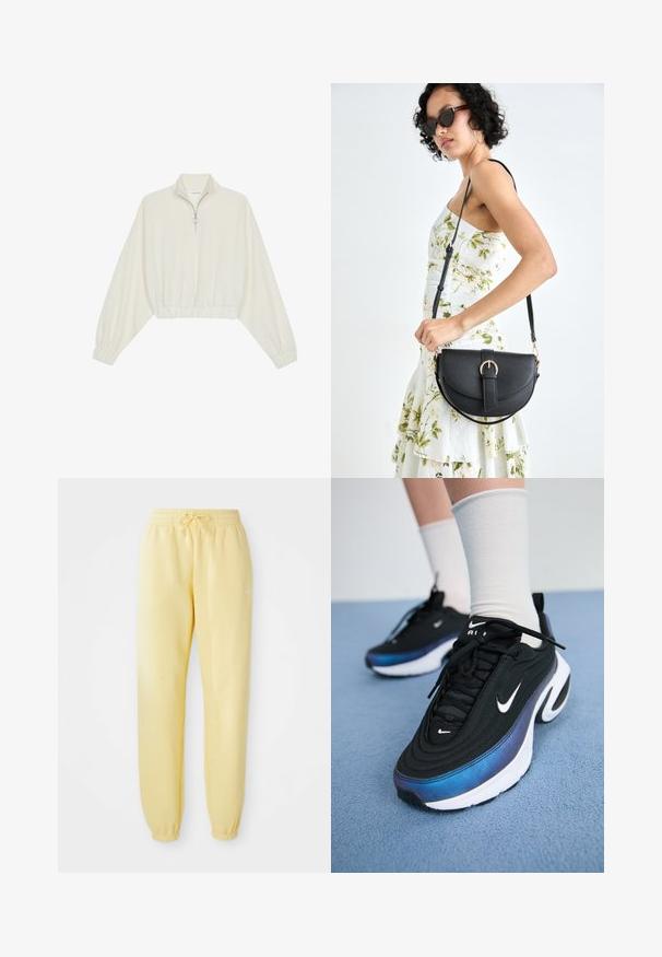 Kort genser i kremfarget stoff, med høy krage, halv glidelås, elastisk nederste kant og mansjetter, med en glatt tekstur og minimalistisk design.; Gule joggebukser med elastisk midje og snøring. Med hvitt logo på venstre side og elastiske mansjetter ved anklene.; Sorte Nike joggesko med en glatt stoffoverdel, med et gradientdesign fra blått til svart, hvit såle og fremtredende logoaksenter.; Svart lærveske med en buet form, avtagbar stropp og gullbeslag. Vesken har et klaff med spenne-detall.