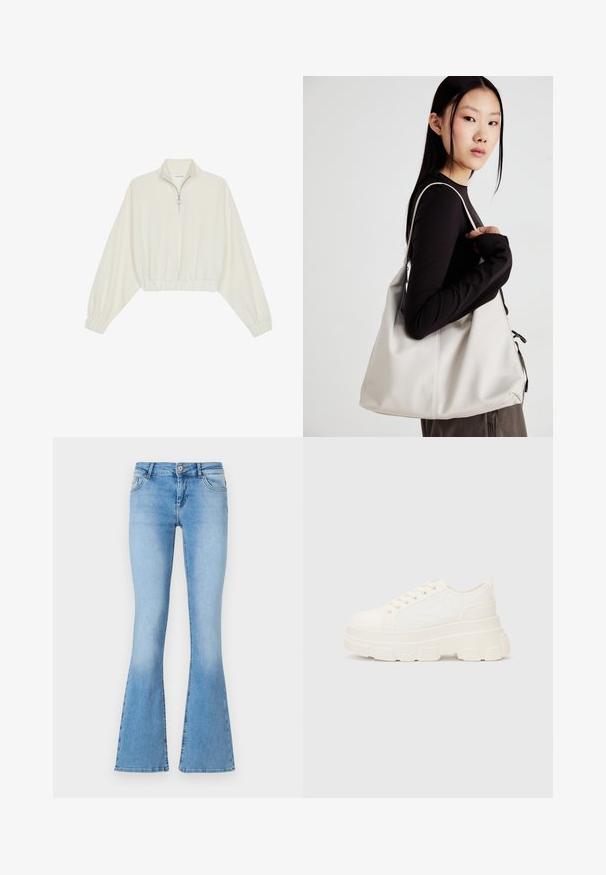 Cropped pullover in cream fabric, featuring a high collar, half-zip closure, elasticated hem and cuffs, with a smooth texture and minimal design.; Light blue flared jeans made of denim with a mid-rise waist, featuring front pockets and stitching details along the seams and hems.; White canvas sneaker with a chunky sole, rounded toe, and five eyelets for laces. Back tab for easy wear. Smooth texture, minimalist design.; Beige handbag made of soft material, featuring a slouchy design, stitched detailing, and two shoulder straps. Suitable for everyday use.