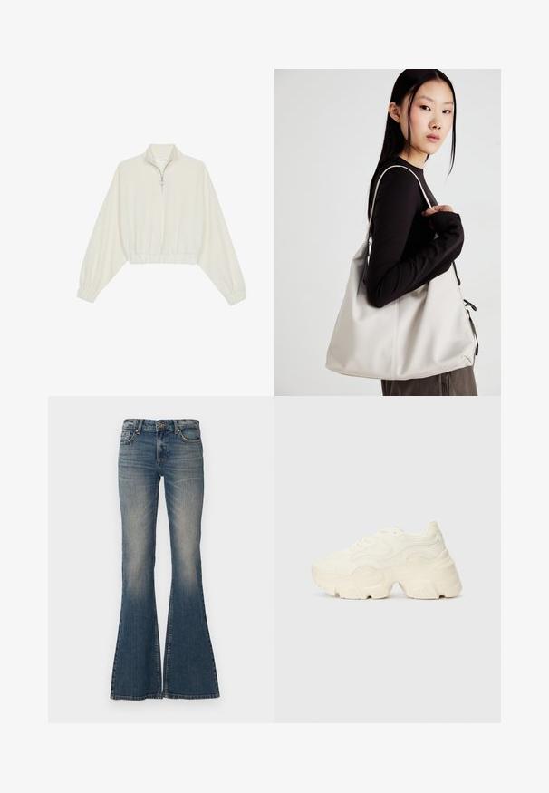 Pullover court en tissu crème, avec un col haut, fermeture éclair à mi-hauteur, ourlet et poignets élastiqués, offrant une texture lisse et un design minimaliste.; Jean bleus évasés en denim, avec une fermeture à bouton, un design à cinq poches et une finition délavée, dotés d'une large ouverture de jambe.; Baskets blanches chunky en maille texturée et matériaux synthétiques, avec une semelle épaisse et des détails en motif complexes sur les côtés.; Sac à main beige en matériau souple, avec un design décontracté, des détails cousus et deux poignées. Idéal pour un usage quotidien.
