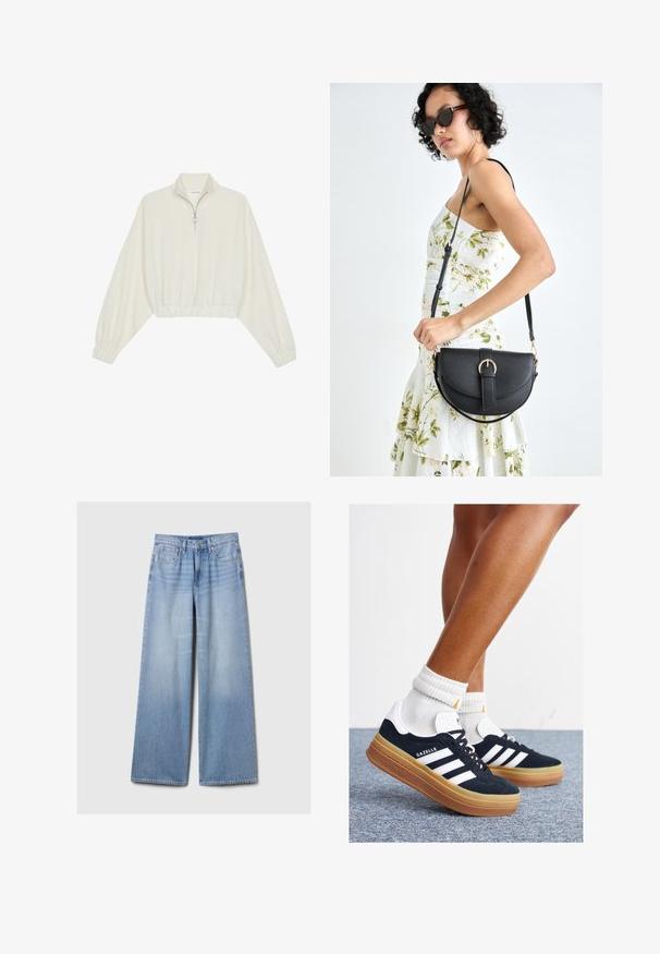 Kreemfarbenest lühikese varrukaga kudum, millel on kõrge kaelus, pool tõmblukk, elastne allosa ja varrukad, sile tekstuur ja minimaalne disain.; Heledad sinised laiad teksapüksid, millel on ees olema taskud, vöökohaga ja nööbi- ning lukuga kinnitamine.; Mustad seemisnahast tossud valgete triipude ja detailidega, ümarate varbassosadega, kummist välistallaga, paaritatud valgete soonikuliste meessokkidega.; Mustmust mustraha kõverate joontega, eemaldatava rihmaga ja kuldsete detailidega. Kotil on klapp, millel on pandladetail.