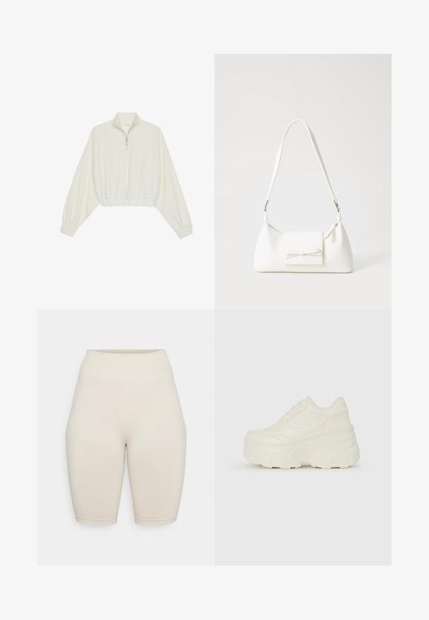 Zkrátený pulover z krémového materiálu, s vysokým golierom, polovičným zipsom, elastickým lemom a manžetami, s hladkou textúrou a minimalistickým dizajnom.; Bežové bicyklové šortky s priliehavým strihom a rebrovaným pásom, vyrobené z hladkej tkaniny, s bezšvovým dizajnom a dĺžkou po kolená.; Biele platformové tenisky s hladkým koženkovým svrchným materiálom, zaobleným tvarom, polstrovaným golierom a textúrovanou gumovou podrážkou s výrazným vzorom.; Biela syntetická kabelka s trojuholníkovým tvarom, plochým predným klapkou a detailom mašle, nastaviteľným popruhom, hladkou textúrou a minimalistickým dizajnom.