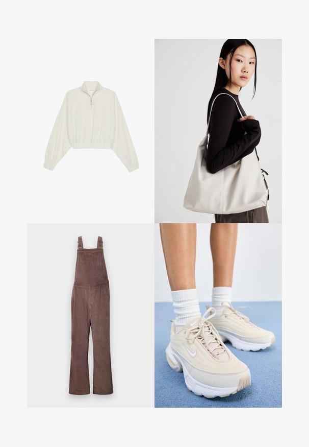 Kreminės spalvos trumpas megztinis, turintis aukštą apykaklę, pusiau užtrauktuką, elastinį apačią irRankovių kraštus, su lygiu paviršiumi ir minimalizuotu dizainu.; Rudi suede džinsai su reguliuojamomis petnešomis, plačiais kojomis ir vertikaliu raukšlėjimu. Yra šoninės kišenės ir laisvas siluetas.; Kreminiai sportiniai batai su tekstūruota viršūne, baltais raišteliais ir storu baltu padu. Dizainas pasižymi subtiliomis kreivėmis ir nedideliu logotipu.; Bežinė rankinė, pagaminta iš minkštos medžiagos, turinti laisvą dizainą, siuvinėtas detalės ir dvi petnešos. Tinkama kasdieniam naudojimui.