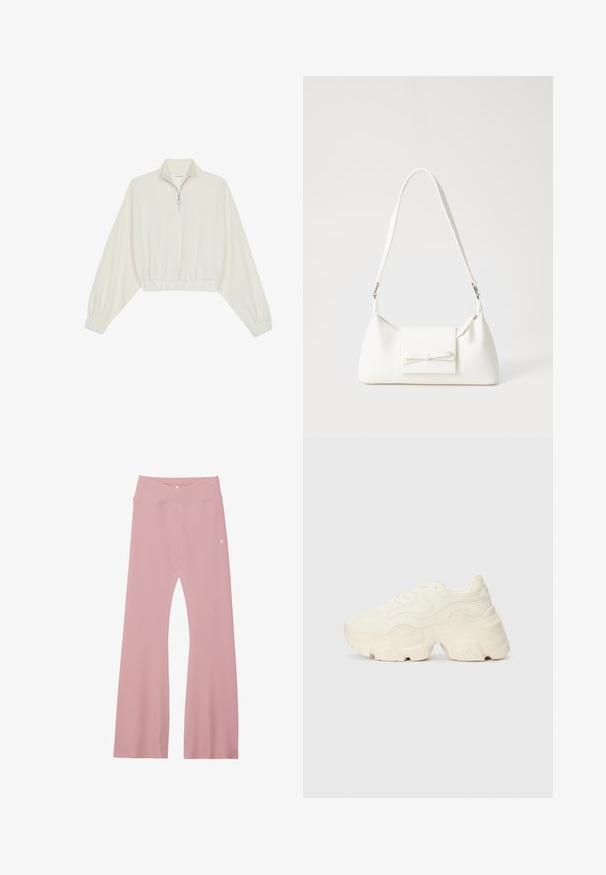 Krém színű, rövidített pulóver, magas gallérral, félig cipzáros záródással, elasztikus derék- és ujjakrésszel, sima textúrával és minimalista dizájnnal.; Világos rózsaszín bordás leggings, széles derékpánttal, keresztmintával és megerősített varrásokkal a lábak mentén a tartósság érdekében.; Tömbös fehér sneakers, amely texturált hálóból és szintetikus anyagokból készült, vastag talppal és bonyolult mintázattal az oldalakon.; Fehér szintetikus kézitáska, háromszög alakú, lapos előlap, masni részlettel, állítható pánttal, sima textúrával és minimalista dizájnnal.