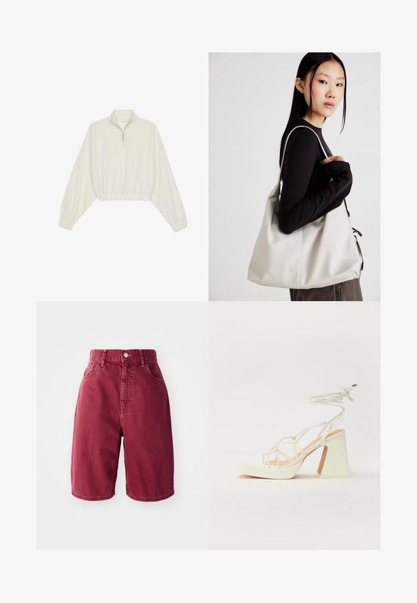 Kratka pulover v kremnem blagu, z visokim ovratnikom, pol-zadrgo, elastičnim robom in manšetami, z gladko teksturo in minimalističnim oblikovanjem.; Burgundski denim kratke hlače z visokim pasom. Vključujejo dve sprednji žepni, en gumb na zapiranju in ravne hlačnice.; Bela sandala na visokih petah s debelim petam, ki ima obliko trakcev in vezanje okoli gležnja. Gladka tekstura z platformo spredaj za dodatno višino.; Bežna torbica iz mehkega materiala, z ohlapno zasnovo, šivi in dvema naramnicama. Primerna za vsakodnevno uporabo.