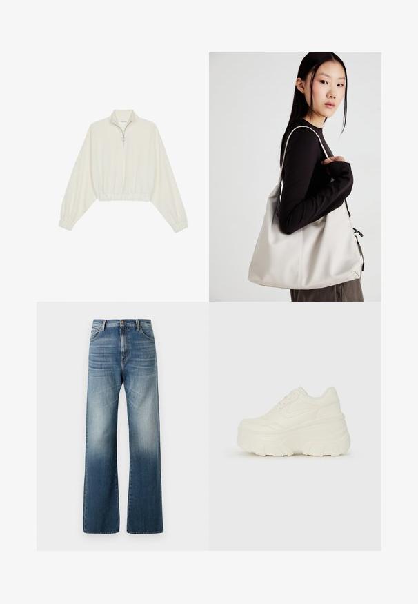 Cropped pullover in cream fabric, featuring a high collar, half-zip closure, elasticated hem and cuffs, with a smooth texture and minimal design.; Wide-leg blue denim jeans with a faded finish, featuring a button closure and traditional five-pocket design. Smooth texture throughout.; White platform sneakers featuring a smooth leather-like upper, rounded shape, padded collar, and textured rubber sole with defined treads.; Beige handbag made of soft material, featuring a slouchy design, stitched detailing, and two shoulder straps. Suitable for everyday use.