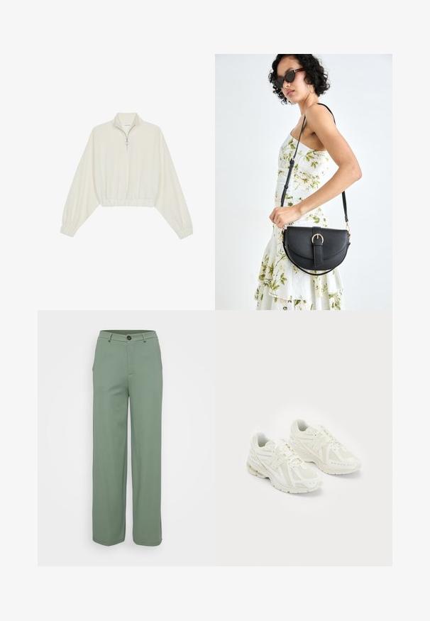 Kort genser i kremfarget stoff, med høy krage, halv glidelås, elastisk nederste kant og mansjetter, med en glatt tekstur og minimalistisk design.; Vide benbukser i et lysegrønt stof med en glat tekstur. Har en frontknaplukning og to sidelommer.; Hvite sportssko laget av mesh og syntetiske materialer, snøring, polstret krage og teksturert såle for grep. Lett konstruksjon.; Svart lærveske med en buet form, avtagbar stropp og gullbeslag. Vesken har et klaff med spenne-detall.