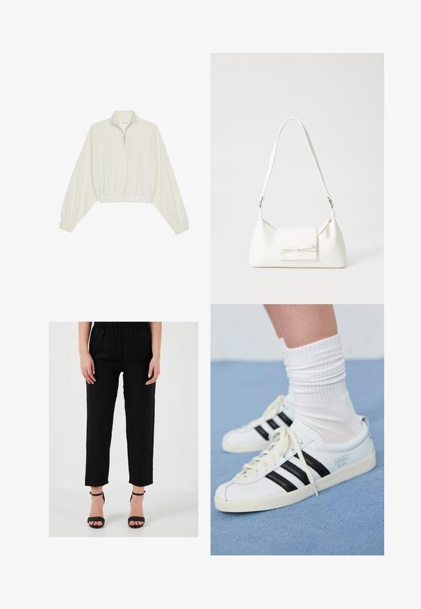 Sudadera cropped en tejido crema, con cuello alto, cierre de media cremallera, dobladillo y puños elásticos, con una textura suave y un diseño minimalista.; Pantalones de lino negros con cintura elástica, corte recto y longitud a los tobillos, combinados con sandalias de tacón alto negras y de tiras.; Zapatillas de cuero blancas con rayas negras, suela crema y cordones claros. Llevadas con calcetines blancos acanalados, situadas sobre un fondo azul.; Bolso sintético blanco con forma triangular, tapa frontal plana y detalle de lazo, correa ajustable, textura suave y diseño minimalista.