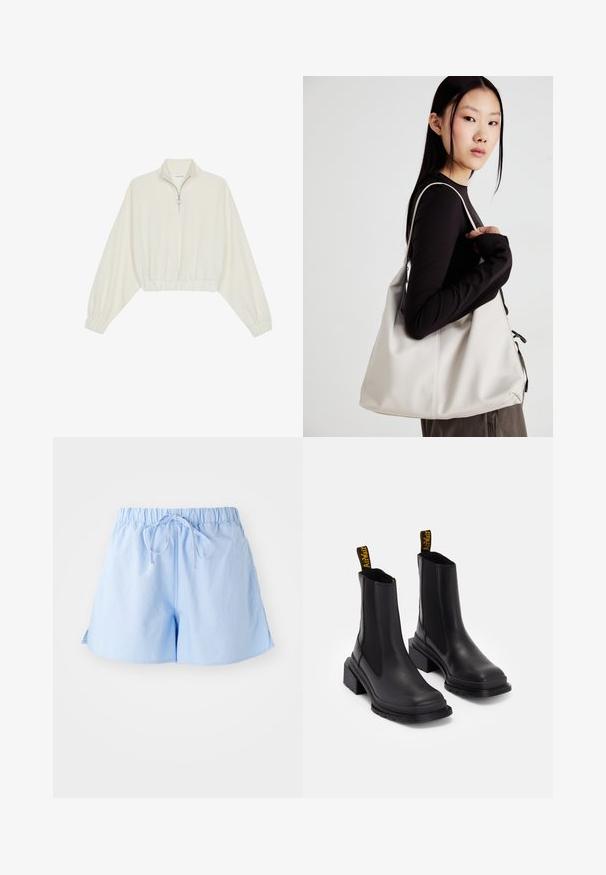 Cropped pullover in cream fabric, featuring a high collar, half-zip closure, elasticated hem and cuffs, with a smooth texture and minimal design.; Light blue cotton shorts with an elastic waistband and drawstring, featuring a relaxed fit and side slits for ease of movement.; Black ankle boots made of smooth leather with elastic side panels, a square toe, and a chunky heel. Features yellow branded pull tabs.; Beige handbag made of soft material, featuring a slouchy design, stitched detailing, and two shoulder straps. Suitable for everyday use.