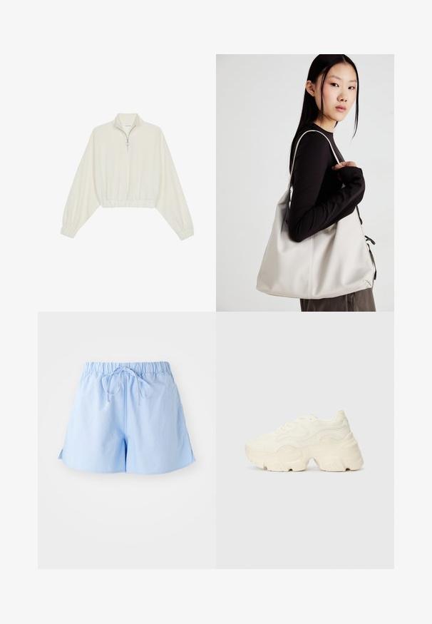 Pullover court en tissu crème, avec un col haut, fermeture éclair à mi-hauteur, ourlet et poignets élastiqués, offrant une texture lisse et un design minimaliste.; Shorts en coton bleu clair avec une taille élastique et un cordon de serrage, offrant une coupe décontractée et des fentes sur les côtés pour une liberté de mouvement.; Baskets blanches chunky en maille texturée et matériaux synthétiques, avec une semelle épaisse et des détails en motif complexes sur les côtés.; Sac à main beige en matériau souple, avec un design décontracté, des détails cousus et deux poignées. Idéal pour un usage quotidien.