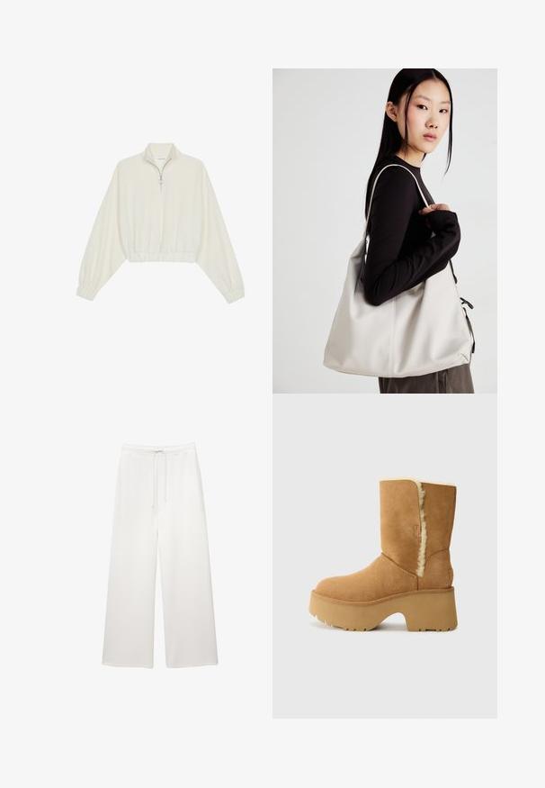 Gerippter Pullover aus cremefarbener Baumwolle mit hohem Kragen, halbem Reißverschluss, elastischen Säumen und Bündchen, glatter Textur und minimalistischem Design.; Lockere weiße Schlaghosen mit einem elastischen Bund und Kordelzug, entworfen für Freizeitlooks.; UGG NEW HEIGHTS CUFF - Snowboot/Winterstiefel - chestnut; Beige Handtasche aus weichem Material, mit einem lässigen Design, gesteppten Details und zwei Schulterriemen. Geeignet für den täglichen Gebrauch.