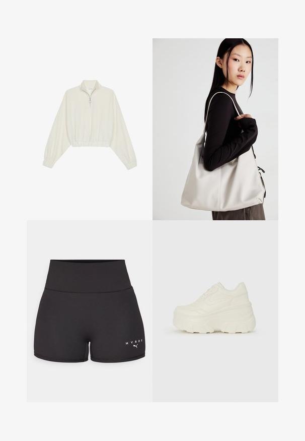 Zkrátený pulover z krémového materiálu, s vysokým golierom, polovičným zipsom, elastickým lemom a manžetami, s hladkou textúrou a minimalistickým dizajnom.; Čierne športové šortky vyrobené z elastického materiálu. Vysoký pás s bielym textom a logom "HYROX" v dolnom ľavom rohu. Hladká textúra.; Biele platformové tenisky s hladkým koženkovým svrchným materiálom, zaobleným tvarom, polstrovaným golierom a textúrovanou gumovou podrážkou s výrazným vzorom.; Béžová kabelka vyrobená z mäkkého materiálu, s uvoľneným dizajnom, prišitými detailmi a dvoma popruhmi na nosenie na pleciach. Vhodná na každodenné nosenie.
