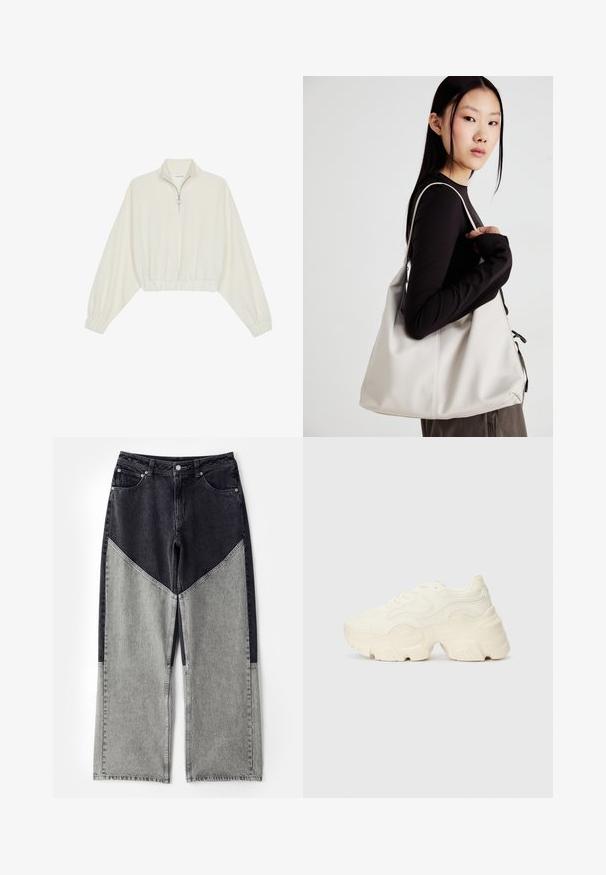 Skraćeni pulover od kremastog materijala, s visokim ovratnikom, zatvaranjem na polovicu munje, elastičnim rubom i manžetama, s glatkom teksturom i minimalnim dizajnom.; Traperice visokog struka, širokih nogavica, s boji blokiranim dizajnom u tamno sivoj i svijetlo sivoj denimu. Uključuju standardni raspored s pet džepova.; Masivne bijele tenisice od teksturirane mreže i sintetičkih materijala, sa debelim potplatom i složenim uzorcima duž strana.; Bežna torba od mekog materijala s opuštenim dizajnom, šivanim detaljima i dva remena za rame. Pogodna za svakodnevnu upotrebu.