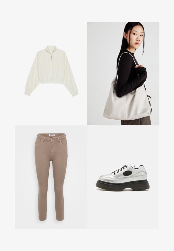 Kort genser i kremfarget stoff, med høy krage, halv glidelås, elastisk nederste kant og mansjetter, med en glatt tekstur og minimalistisk design.; Beige skinny jeans laget av en bomullsblandingsstoff, med fem lommer, beltehemper og en frontlukking med glidelås. Glatt tekstur gjennom hele.; Sølv lærersneakers med sorte snører, rund tå og tykk gummisåle. Har et distinktivt logo-patch på siden.; Beige håndveske laget av mykt materiale, med en slapp design, sydd detaljer og to skulderstropper. Passer for daglig bruk.