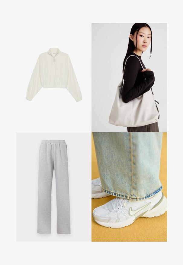 Kreminės spalvos trumpas megztinis, turintis aukštą apykaklę, pusiau užtrauktuką, elastinį apačią irRankovių kraštus, su lygiu paviršiumi ir minimalizuotu dizainu.; Šviesiai pilki sportiniai kelnes su elastinga juosmens juosta, tiesaus silueto dizainas ir mažas baltas logotipas kairiajame šlaunyje. Minkšta, tekstūruota medžiaga.; Balti sportiniai sneakeriai su tinklelio viršumi, žaliais akcentais, tekstūruotu padu, derinami su šviesiai mėlynomis džinsinio audinio kelnėmis, kurios turi nusidėvėjusią kraštą.; Bežinė rankinė, pagaminta iš minkštos medžiagos, turinti laisvą dizainą, siuvinėtas detalės ir dvi petnešos. Tinkama kasdieniam naudojimui.