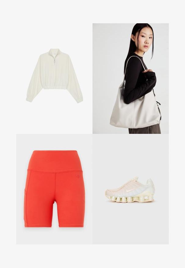 Kreminės spalvos trumpas megztinis, turintis aukštą apykaklę, pusiau užtrauktuką, elastinį apačią irRankovių kraštus, su lygiu paviršiumi ir minimalizuotu dizainu.; Raudoni sportiniai šortai su aukštu juosmeniu, pagaminti iš lygaus, elastingo medžiagos. Įrengtas šoninis kišenė ir mažas sušalintas logotipas.; Nike batai su permatomis viršutinėmis dalimis švelnių pastelinių atspalvių, tekstūruotais elementais ir išskirtine paminkštinta padu, sudarytu iš sujungtų segmentų.; Bežinė rankinė, pagaminta iš minkštos medžiagos, turinti laisvą dizainą, siuvinėtas detalės ir dvi petnešos. Tinkama kasdieniam naudojimui.