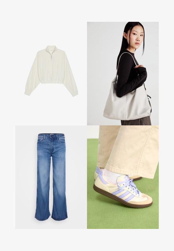 Lyhyt kerrosvaate vaaleasta kankaasta, jossa on korkea kaulus, puolivetoketjukiinnitys, joustavat helma ja hihansuut, tasainen pinta ja minimalistinen muotoilu.; Vaaleansiniset leveälahkeiset farkut, joissa on korkea vyötärö ja raaka helma. Ominaisuuksia ovat viisi taskua, vyölenkit ja hienovarainen haalistuminen kankaassa.; Kermasilta ja laventelilta näyttävät lenkkarit kolmella raidalla ja teksturoidulla ruskealla pohjalla, varustettuna nauhoilla ja pehmustetulla kantapäällä. Pehmeä kangaspinta.; Beige laukku, joka on valmistettu pehmeästä materiaalista, ja siinä on rento muotoilu, ommeltu yksityiskohtia ja kaksi olkahihnaa. Sopii päivittäiseen käyttöön.