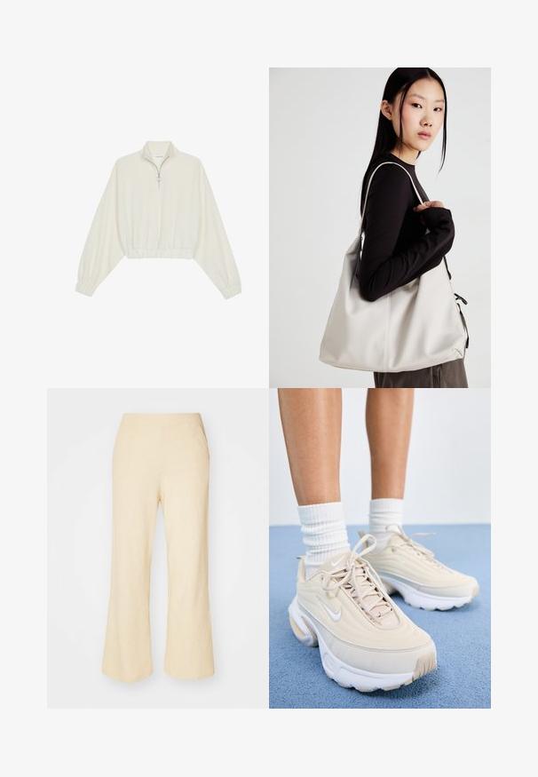 Kratka pulover v kremnem blagu, z visokim ovratnikom, pol-zadrgo, elastičnim robom in manšetami, z gladko teksturo in minimalističnim oblikovanjem.; Svetlo bež široke hlače iz teksturiranega blaga s elastičnim pasom in dvema stranskima žepoma.; Bež športni čevlji z teksturirano zgornjico, belimi vezalkami in debelim belim podplatom. Oblika vsebuje subtilne krivine in majhen logo.; Bežna torbica iz mehkega materiala, z ohlapno zasnovo, šivi in dvema naramnicama. Primerna za vsakodnevno uporabo.