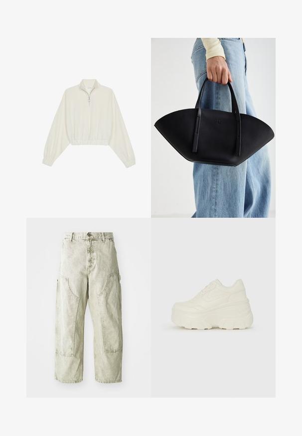 Sudadera cropped en tejido crema, con cuello alto, cierre de media cremallera, dobladillo y puños elásticos, con una textura suave y un diseño minimalista.; Pantalones cargo de pierna ancha en verde claro, hechos de denim, con grandes bolsillos laterales, cierre de botón y cremallera, y detalles de costura visibles.; Zapatillas de plataforma blancas con un upper suave similar al cuero, forma redondeada, cuello acolchado y suela de goma texturizada con surcos definidos.; Bolso de mano de cuero negro con una forma de abanico única, que cuenta con asas planas. La superficie tiene una textura de grano y un diseño minimalista.
