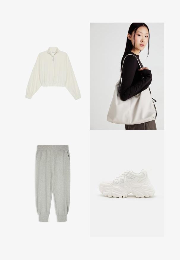Pullover court en tissu crème, avec un col haut, fermeture éclair à mi-hauteur, ourlet et poignets élastiqués, offrant une texture lisse et un design minimaliste.; Pantalon de jogging gris en tissu doux et texturé. Il est doté d'une taille élastique, de poches latérales et de finitions ajustées aux chevilles.; Baskets blanches épaisses avec un dessus texturé, des panneaux en mesh et des semelles en caoutchouc épaisses avec un motif de semelle prominent. Lacets et tirette inclus.; Sac à main beige en matériau souple, avec un design décontracté, des détails cousus et deux poignées. Idéal pour un usage quotidien.