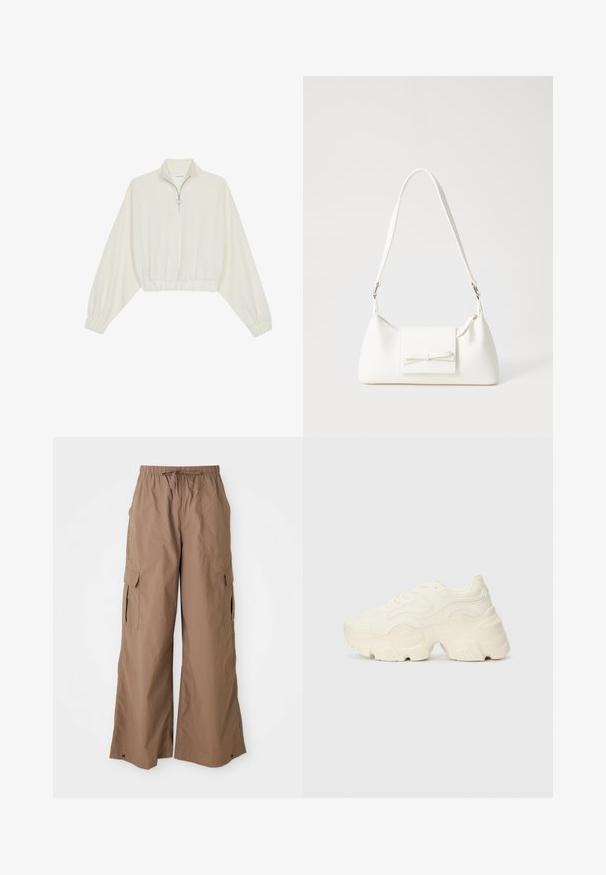 Krém színű, rövidített pulóver, magas gallérral, félig cipzáros záródással, elasztikus derék- és ujjakrésszel, sima textúrával és minimalista dizájnnal.; Barna, laza szabású cargo nadrág, állítható derékkal és oldalsó zsebekkel, széles lábakkal, fehér háttér előtt bemutatva.; Tömbös fehér sneakers, amely texturált hálóból és szintetikus anyagokból készült, vastag talppal és bonyolult mintázattal az oldalakon.; Fehér szintetikus kézitáska, háromszög alakú, lapos előlap, masni részlettel, állítható pánttal, sima textúrával és minimalista dizájnnal.