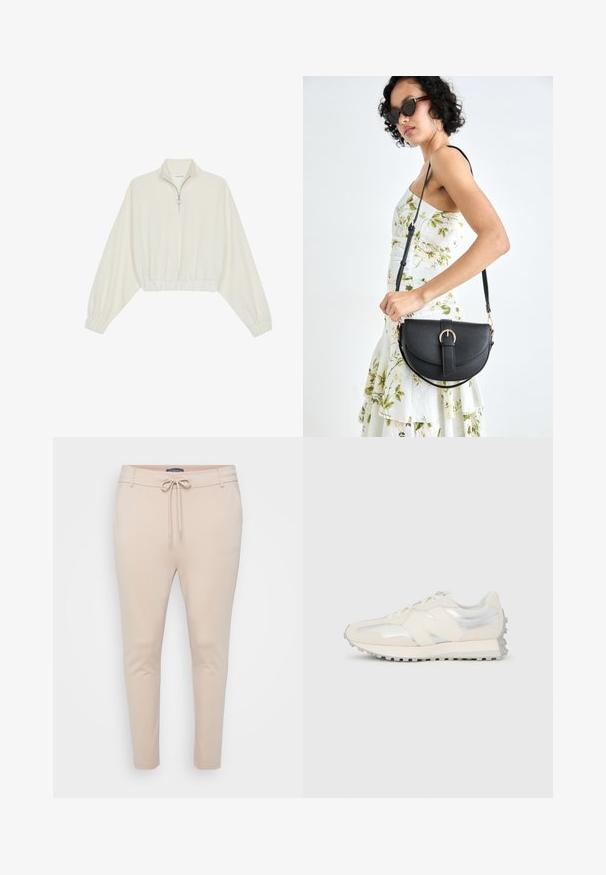 Kort genser i kremfarget stoff, med høy krage, halv glidelås, elastisk nederste kant og mansjetter, med en glatt tekstur og minimalistisk design.; Beige lett joggebukser med snøring i midjen og to sidelommer. Glatt tekstur, avsmalnende ben og minimal sømdetaljering.; Lavprofil krem- og sølvsneaker med snøring og teksturert såle, sett fra siden mot en hvit bakgrunn.; Svart lærveske med en buet form, avtagbar stropp og gullbeslag. Vesken har et klaff med spenne-detall.