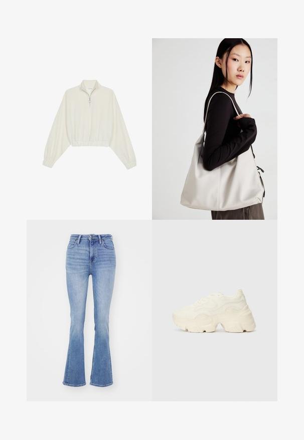 Kreptais pusītes džemperis krēmkrāsā, ar augstu apkakli, puszipa aizdari, elastīgu apakšmalu un aprocēm, ar gludu tekstūru un minimālistisku dizainu.; Gai zilā krāsā izflēktas džinsu bikses, izgatavotas no denima, ar augstu jostasvietu, piecu kabatu dizainu un gludu tekstūru ar maigu izbalēšanu.; Masīvi balti sportisti, kas izgatavoti no strukturēta sieta un sintētiskajiem materiāliem, ar biezu zoli un sarežģītām rakstu detaļām gar sāniem.; Bežs rokassoma, izgatavota no mīksta materiāla, ar brīvu dizainu, izšūtu apdari un divām plecu siksnām. Piemērota ikdienas lietošanai.