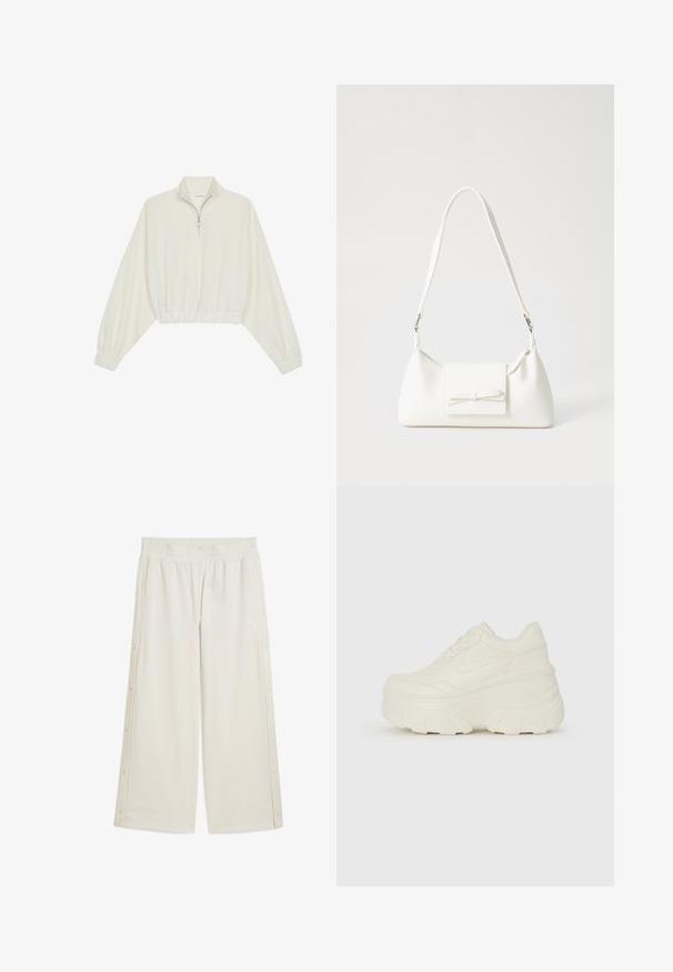 Cropped pullover in cream fabric, featuring a high collar, half-zip closure, elasticated hem and cuffs, with a smooth texture and minimal design.; Beige wide-leg pants with an elastic waistband, side snap closures, and a small logo on the front. Made from a smooth, lightweight material.; White platform sneakers featuring a smooth leather-like upper, rounded shape, padded collar, and textured rubber sole with defined treads.; White synthetic handbag with a triangular shape, flat front flap and bow detail, adjustable strap, smooth texture, and minimalistic design.