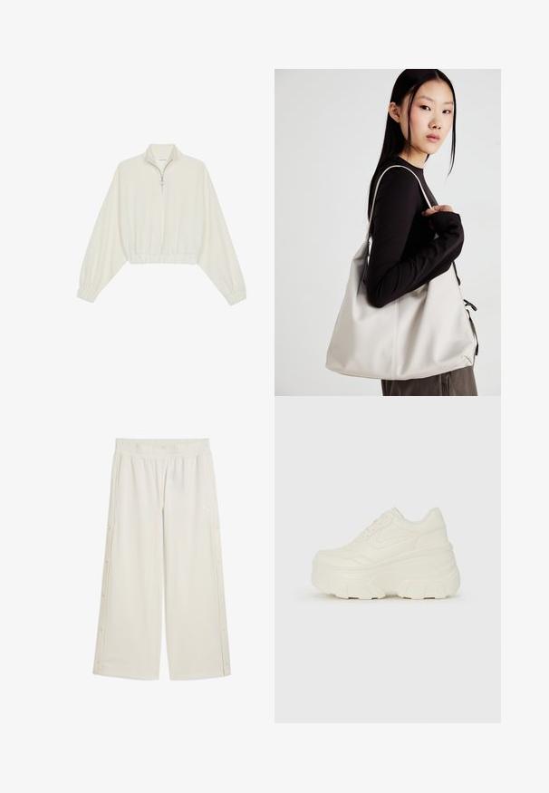 Kreptais pusītes džemperis krēmkrāsā, ar augstu apkakli, puszipa aizdari, elastīgu apakšmalu un aprocēm, ar gludu tekstūru un minimālistisku dizainu.; Beige platajā stila bikses ar elastīgu jostu, sānu pogu aizdares un nelielu logo priekšpusē. Izgatavotas no gludas, vieglas materiāla.; Baltie platformas sporta apavi, kas izgatavoti no gludas mākslīgās ādas, ar noapaļotu formu, mīkstu apkakli un teksturētu gumijas zoli ar izteiktiem rakstiem.; Bežs rokassoma, izgatavota no mīksta materiāla, ar brīvu dizainu, izšūtu apdari un divām plecu siksnām. Piemērota ikdienas lietošanai.