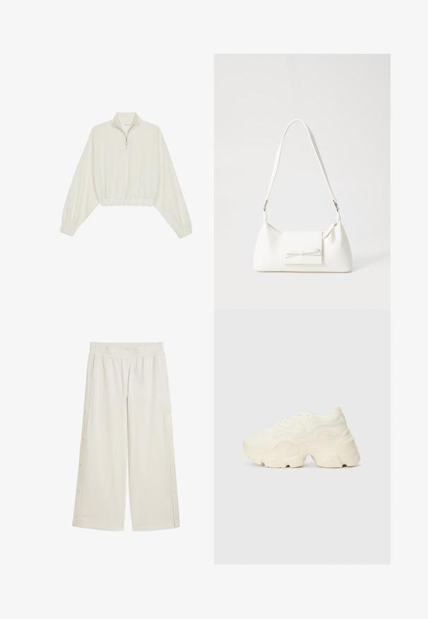 Zkrátený pulover z krémového materiálu, s vysokým golierom, polovičným zipsom, elastickým lemom a manžetami, s hladkou textúrou a minimalistickým dizajnom.; Béžové nohavice širokého strihu s elastickým pásom, bočnými cvokovými uzávermi a malým logom vpredu. Vyrobené z hladkého, ľahkého materiálu.; Masívne biele tenisky vyrobené z texturovanej sieťoviny a syntetických materiálov, s hrubou podošvou a zložitými vzorovými detailmi na bokoch.; Biela syntetická kabelka s trojuholníkovým tvarom, plochým predným klapkou a detailom mašle, nastaviteľným popruhom, hladkou textúrou a minimalistickým dizajnom.