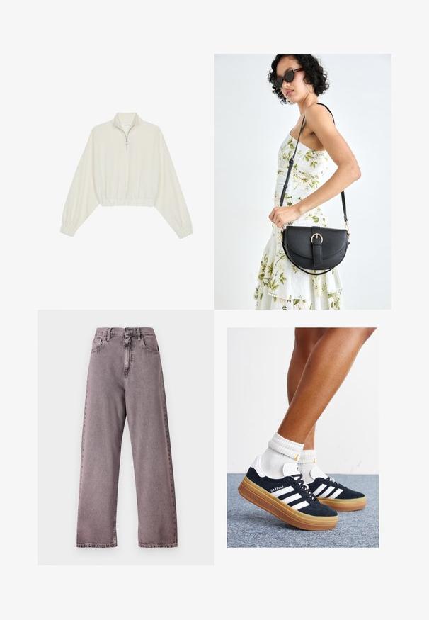 Lyhyt kerrosvaate vaaleasta kankaasta, jossa on korkea kaulus, puolivetoketjukiinnitys, joustavat helma ja hihansuut, tasainen pinta ja minimalistinen muotoilu.; Korkeavyöttöiset, leveälahkeiset farkut vaalean violetista denimistä, joissa on nappikiinnitys, viisi taskua ja hienovaraisia kulumia saumoissa.; Musta mokkanahkainen tennari, jossa valkoiset raidat ja yksityiskohdat, pyöreä kärki, purukumipohja, yhdistetty valkoisiin ribbineuleisiin nilkkasukkiin.; Musta nahkainen käsilaukku, joka on kaareva muotoilultaan, irrotettavalla hihnalla ja kultaisilla yksityiskohdilla. Laukussa on läppä, jossa on solk yksityiskohta.