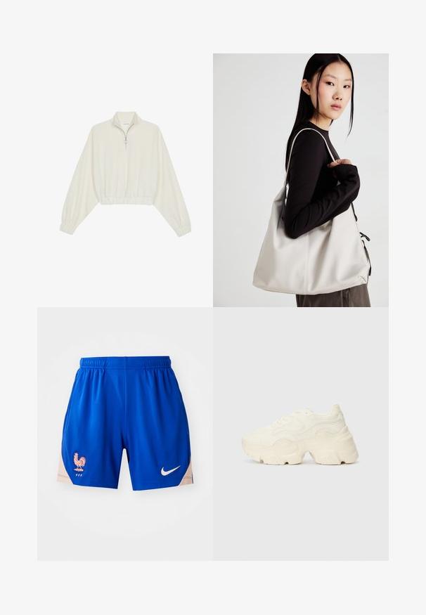 Pullover curto em tecido creme, apresentando um colarinho alto, fecho de meio zíper, bainha e punhos elásticos, com uma textura suave e design minimalista.; Calças de desporto azuis feitas de tecido leve, com um logótipo de galo em azuis e rosas nas laterais. Logótipo da Nike impresso em branco.; Sapatilhas brancas chunky feitas de malha texturizada e materiais sintéticos, apresentando uma sola espessa e detalhes de padrão intrincados ao longo dos lados.; Uma bolsa bege feita de material macio, com um design descontraído, detalhes de costura e duas alças para o ombro. Adequada para uso diário.