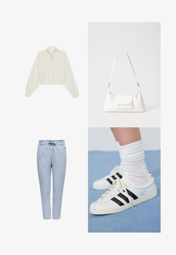 Skraćeni pulover od kremastog materijala, s visokim ovratnikom, zatvaranjem na polovicu munje, elastičnim rubom i manžetama, s glatkom teksturom i minimalnim dizajnom.; Svijetloplave uske hlače izrađene od glatkog, laganog materijala. Imaju elastični pojas s vezicom i bočne džepove.; Bijele kožne tenisice s crnim prugama, kremasto bijela potplat i svijetle vezice. Nosi se s bijelim rebrastim čarapama, postavljeno na plavoj pozadini.; Bijela sintetička torbica s trokutastim oblikom, ravnim prednjim poklopcem i detaljem u obliku mašne, podesivom remenom, glatkom teksturom i minimalističkim dizajnom.