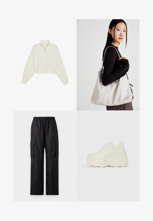 Krém színű, rövidített pulóver, magas gallérral, félig cipzáros záródással, elasztikus derék- és ujjakrésszel, sima textúrával és minimalista dizájnnal.; Fekete cargo nadrág rugalmas derékkal, két oldalsó zsebbel és lazán, bő szárú kialakítással. Simává, könnyű anyagból készült.; Fehér platform sportcipők, sima bőrszerű felsőrésszel, kerek formával, párnázott bokával és texturált gumitalppal, jól definiált mintázattal.; Puha anyagból készült bézs kézitáska, laza dizájnnal, varrott részletekkel és két vállpánttal. Mindennapi használatra alkalmas.