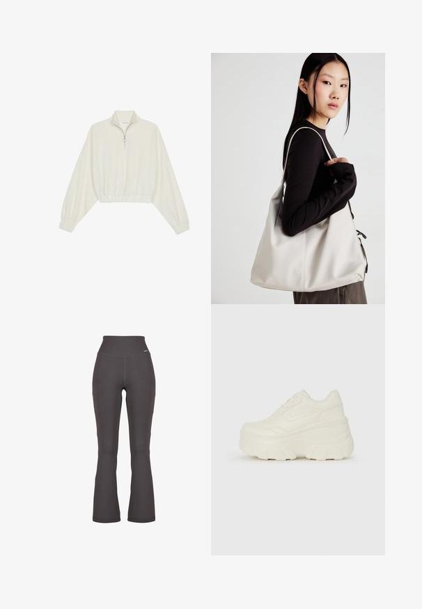 Pulover scurt din stofă crem, cu guler înalt, închidere cu fermoar pe jumătate, elastic la margini și la manșete, cu o textură netedă și un design minimalist.; Leggings negre în nuanță închisă, cu evazare, din material elastic; textură netedă cu detalii subtile de cusătură.; Adidași platformă albi, cu un superior neted asemănător cu pielea, formă rotunjită, guler căptușit și talpă din cauciuc texturată cu borduri bine definite.; Geantă bej din material moale, cu un design lejer, detalii cusute și două bretele pentru umăr. Potrivită pentru utilizarea zilnică.
