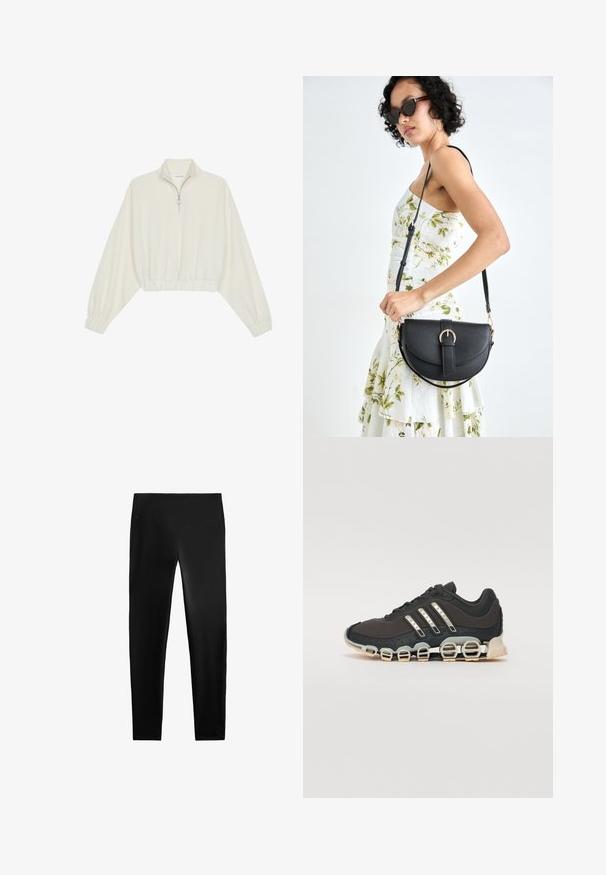 Zkrátený pulover z krémového materiálu, s vysokým golierom, polovičným zipsom, elastickým lemom a manžetami, s hladkou textúrou a minimalistickým dizajnom.; Čierne legíny vyrobené z elastického materiálu, s vysokým pásom, priliehavým strihom a hladkou textúrou, bez viditeľných vzorov alebo akcentov.; Čierna športová obuv s textúrovaným zvrškom, tromi striebornými pruhmi a charakteristickou podošvou s viacerými integrovanými sekciami.; Čierna kožená kabelka s zaobleným tvarom, odnímateľným popruhom a zlatými doplnkami. Kabelka má klopu s detailom s prackou.