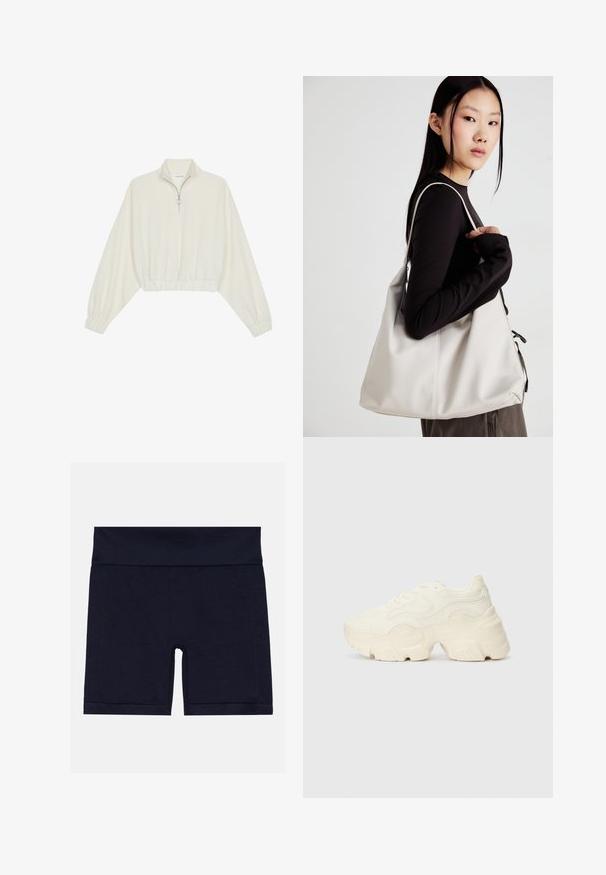 Zkrátený pulover z krémového materiálu, s vysokým golierom, polovičným zipsom, elastickým lemom a manžetami, s hladkou textúrou a minimalistickým dizajnom.; Námornícke modré šortky z bavlnenej zmesi so širokým elastickým pásom, ktorý má priliehavý strih a ploché švy pre pohodlie.; Masívne biele tenisky vyrobené z texturovanej sieťoviny a syntetických materiálov, s hrubou podošvou a zložitými vzorovými detailmi na bokoch.; Béžová kabelka vyrobená z mäkkého materiálu, s uvoľneným dizajnom, prišitými detailmi a dvoma popruhmi na nosenie na pleciach. Vhodná na každodenné nosenie.