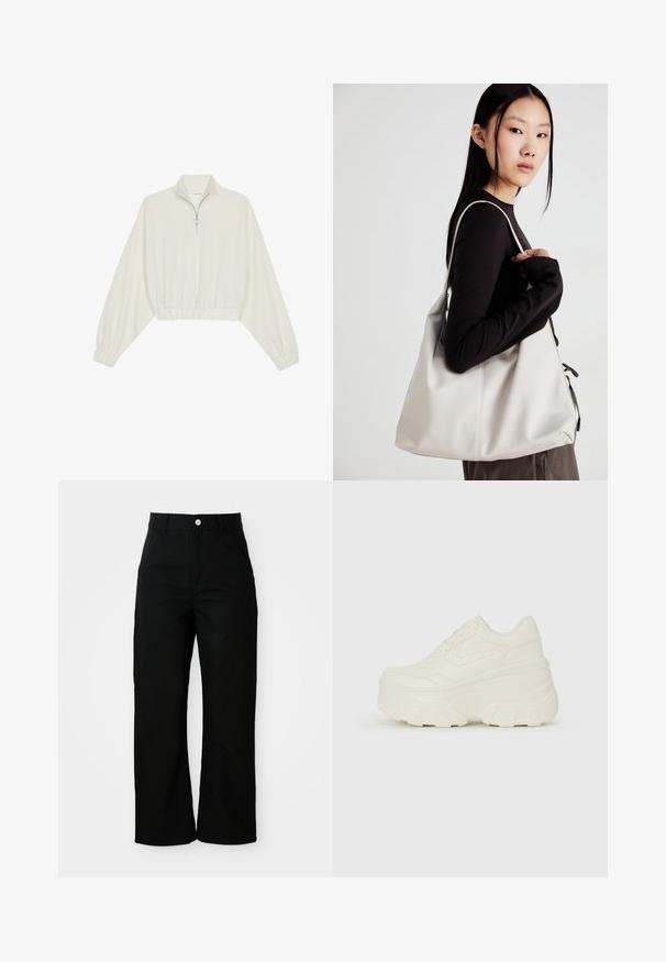 Kratka pulover v kremnem blagu, z visokim ovratnikom, pol-zadrgo, elastičnim robom in manšetami, z gladko teksturo in minimalističnim oblikovanjem.; Črne hlače z visokim pasom, ravnimi nogami, sprednjimi žepi, pasnimi zankami in srebrnim gumbom za zapiranje na belem ozadju.; Bele platformske tene z belim zgornjim delom, ki spominja na usnje, okroglo obliko, oblazinjen ovratnik ter gumo z teksturo na podplatu z izrazitimi profili.; Bežna torbica iz mehkega materiala, z ohlapno zasnovo, šivi in dvema naramnicama. Primerna za vsakodnevno uporabo.