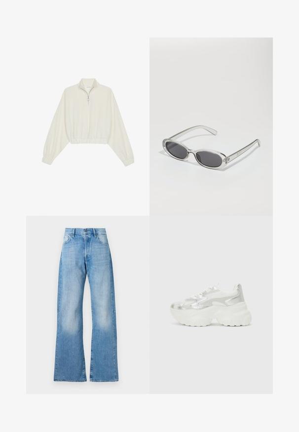 Kratka pulover v kremnem blagu, z visokim ovratnikom, pol-zadrgo, elastičnim robom in manšetami, z gladko teksturo in minimalističnim oblikovanjem.; Svijetloplave traper flared traperice s visokim strukom, pet džepova i klasičnom kopčom. Imaju suptilno izblijedjeli izgled i opušteni kroj.; Srebrna tenisica s teksturiranim mrežastim gornjim delom i iridescentnimi akcenti, ki ima masiven bel podplat in vezanje.; Sončna očala ovalne oblike, prozoren plastičen okvir, temno sivi leči in tanke prozorne roke z logotipnimi akcenti in minimalnimi detajli.; Bežna torbica iz mehkega materiala, z ohlapno zasnovo, šivi in dvema naramnicama. Primerna za vsakodnevno uporabo.