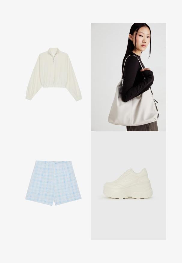 Pullover curto em tecido creme, apresentando um colarinho alto, fecho de meio zíper, bainha e punhos elásticos, com uma textura suave e design minimalista.; Calções xadrez azul claro feitos de tecido texturizado, apresentando um corte largo e pregas para um detalhe adicional.; Tênis brancos de plataforma com um cabedal suave semelhante a couro, formato arredondado, colarinho acolchoado e sola de borracha texturizada com ranhuras bem definidas.; Uma bolsa bege feita de material macio, com um design descontraído, detalhes de costura e duas alças para o ombro. Adequada para uso diário.