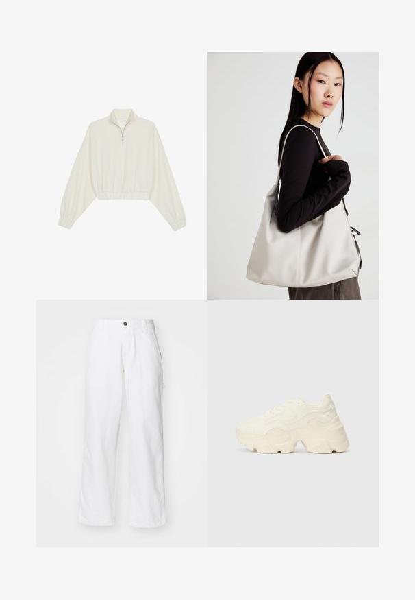 Cropped pullover in cream fabric, featuring a high collar, half-zip closure, elasticated hem and cuffs, with a smooth texture and minimal design.; White cotton trousers with a straight leg design, featuring a button closure, side pockets, and a relaxed fit. Smooth texture.; Chunky white sneakers made of textured mesh and synthetic materials, featuring a thick sole and intricate pattern details along the sides.; Beige handbag made of soft material, featuring a slouchy design, stitched detailing, and two shoulder straps. Suitable for everyday use.