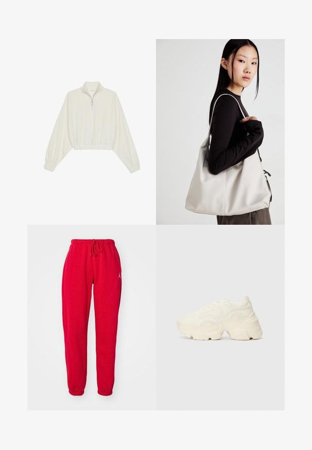 Kort genser i kremfarget stoff, med høy krage, halv glidelås, elastisk nederste kant og mansjetter, med en glatt tekstur og minimalistisk design.; Røde joggebukser med elastisk midjebånd og snøring. Har mansjetter i bunnen og en liten logoakkent på øvre venstre ben. Myk tekstur.; Chunky hvite sneakers laget av teksturert mesh og syntetiske materialer, med en tykk såle og intrikate mønsterdetaljer langs sidene.; Beige håndveske laget av mykt materiale, med en slapp design, sydd detaljer og to skulderstropper. Passer for daglig bruk.