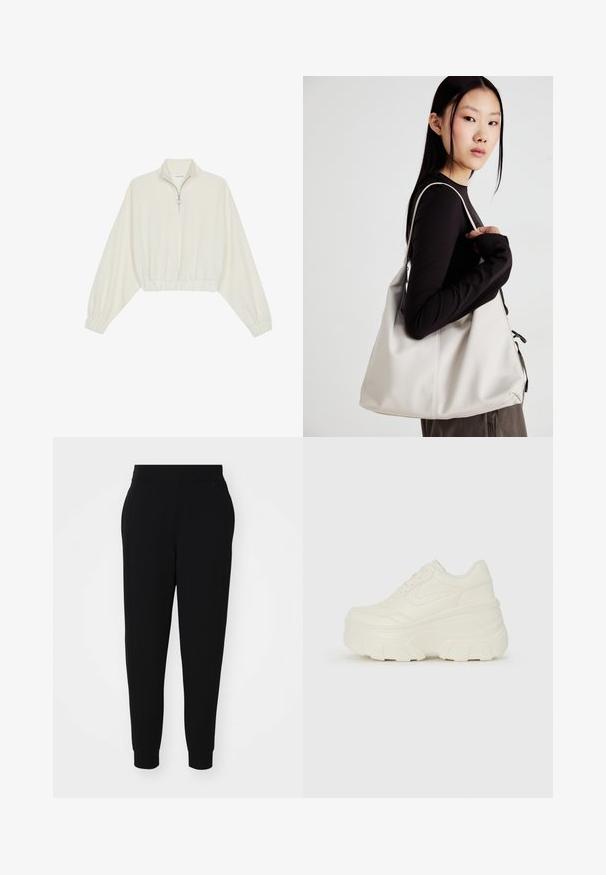 Pullover curto em tecido creme, apresentando um colarinho alto, fecho de meio zíper, bainha e punhos elásticos, com uma textura suave e design minimalista.; Calças de jogging pretas feitas de tecido suave, com pernas ajustadas, faixa elástica na cintura e punhos canelados, apresentando costuras laterais para um visual elegante.; Tênis brancos de plataforma com um cabedal suave semelhante a couro, formato arredondado, colarinho acolchoado e sola de borracha texturizada com ranhuras bem definidas.; Uma bolsa bege feita de material macio, com um design descontraído, detalhes de costura e duas alças para o ombro. Adequada para uso diário.