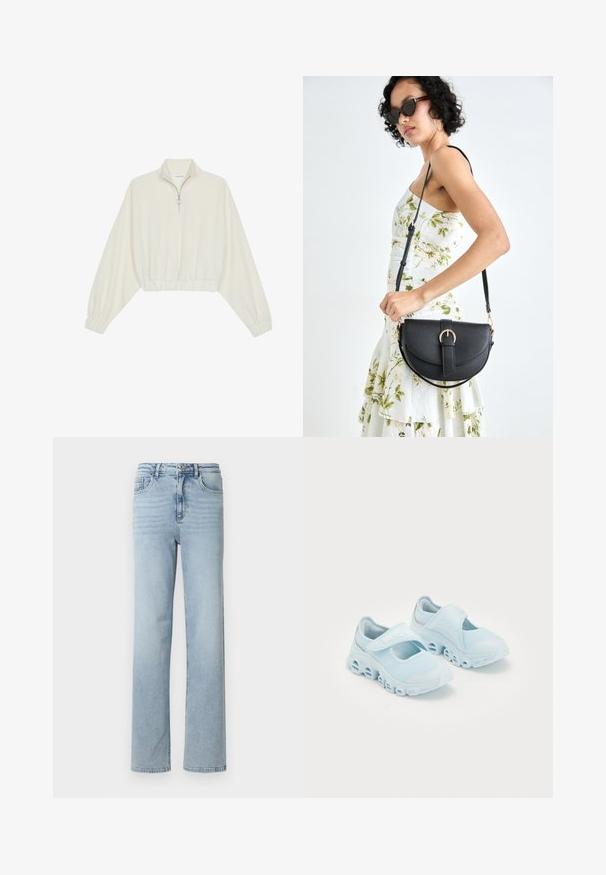 Kratka pulover v kremnem blagu, z visokim ovratnikom, pol-zadrgo, elastičnim robom in manšetami, z gladko teksturo in minimalističnim oblikovanjem.; Svijetloplave traperice s ravnim krojem, klasičnim dizajnom s pet džepova i zatvaranjem na dugme i patentni zatvarač u struku.; Svetlo modri športni copati z mrežasto tkanino, izrazitimi izrezi v podplatu in Velcro trakom čez vrh za varen oprijem.; Črna usnjena torbica s ukrivljeno obliko, z odstranljivo naramnico in zlatimi dodatki. Torbica ima pokrov s podrobnostmi v obliki zaponke.