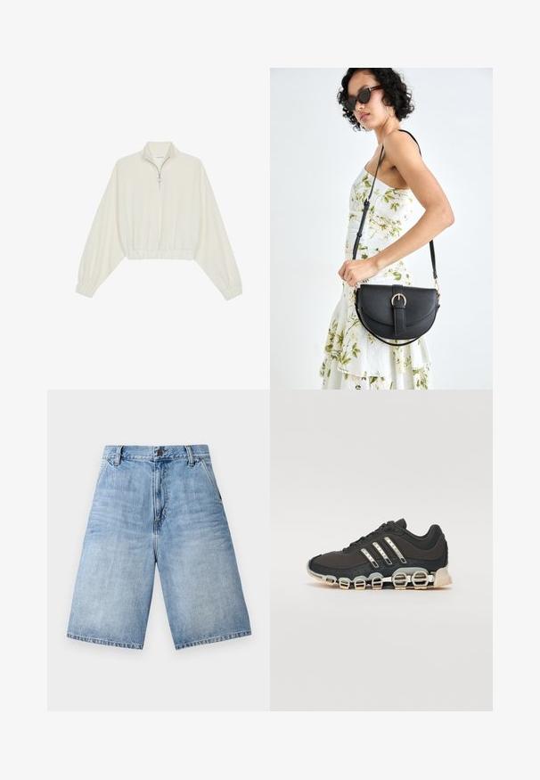 Cropped pullover in cream fabric, featuring a high collar, half-zip closure, elasticated hem and cuffs, with a smooth texture and minimal design.; Light blue denim shorts with a loose fit, five-pocket design, and a button closure at the waistband. Frayed hem detail at the legs.; Black athletic shoe with a textured upper, three silver stripes, and a distinctive cushioning sole featuring multiple integrated sections.; Black leather handbag with a curved shape, detachable strap, and gold hardware. The bag features a flap with a buckle detail.