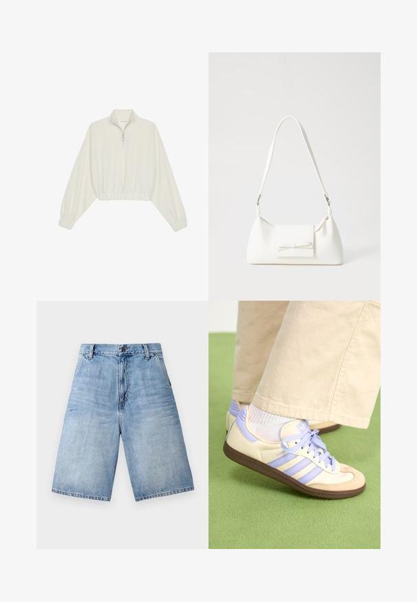 Avkortad tröja i krämfärgad tyg, med hög krage, halvdragkedja, elastisk nederkant och ärmar, med en slät yta och minimalistisk design.; Ljusblå denimshorts med en avslappnad passform, femficksdesign och knäppning i midjan. Fransad kantdetalj vid benen.; Krämfärgade och lavendelfärgade sneakers med tre ränder och en texturerad brun sula, med snören och en vadderad häl. Mjuk tygobero.; Vit syntetisk handväska med triangulär form, platt framklaff och rosettdetalj, justerbar rem, slät textur och minimalistisk design.
