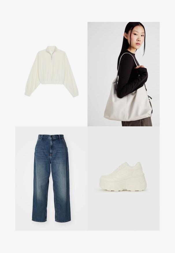 Pullover accorciato in tessuto crema, con colletto alto, chiusura a zip parziale, orlo e polsini elasticizzati, dalla texture liscia e design minimal.; Jeans a gamba larga in denim blu con vita alta, dotati di chiusura a bottone, passanti per cintura e sbiaditure sulle cosce. Aperture delle gambe a taglio dritto.; Sneakers bianchi con piattaforma, caratterizzati da una parte superiore simile alla pelle liscia, forma arrotondata, collo imbottito e suola in gomma testurizzata con scanalature ben definite.; Borsa a mano beige realizzata in materiale morbido, caratterizzata da un design morbido, dettagli cuciti e due manici. Adatta per l'uso quotidiano.