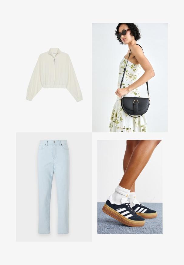 Pullover curto em tecido creme, apresentando um colarinho alto, fecho de meio zíper, bainha e punhos elásticos, com uma textura suave e design minimalista.; Jeans de perna reta, de cintura alta, de cor azul clara, com bolsos frontais, passagens para cinto, fecho de botão e costura visível ao longo das pernas.; Ténis de camurça preta com riscas e detalhes brancos, biqueira arredondada, sola em borracha cor de goma, combinados com meias brancas caneladas até à altura do tornozelo.; Bolsa de couro preta com forma curva, alça destacável e detalhes em dourado. A bolsa possui uma aba com detalhe de fivela.