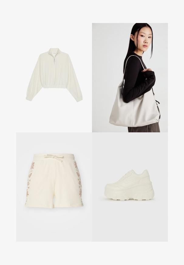 Skraćeni pulover od kremastog materijala, s visokim ovratnikom, zatvaranjem na polovicu munje, elastičnim rubom i manžetama, s glatkom teksturom i minimalnim dizajnom.; Kremastosve boje rebraste šortsice s elastičnim pojasom, ukrašene smešnim smešnim cvjetnim i geometrijskim uzorcima sa strane.; Bijele platformske tenisice s glatkim gornjim dijelom koji nalikuje koži, zaobljenim oblikom, podstavljenim okvirom i teksturiranim gumeni potplat s definiranom profilacijom.; Bežna torba od mekog materijala s opuštenim dizajnom, šivanim detaljima i dva remena za rame. Pogodna za svakodnevnu upotrebu.