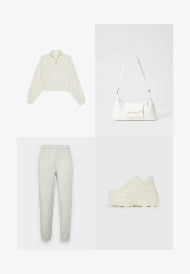 Zkrátený pulover z krémového materiálu, s vysokým golierom, polovičným zipsom, elastickým lemom a manžetami, s hladkou textúrou a minimalistickým dizajnom.; GAP Tepláky - heather grey; Biele platformové tenisky s hladkým koženkovým svrchným materiálom, zaobleným tvarom, polstrovaným golierom a textúrovanou gumovou podrážkou s výrazným vzorom.; Biela syntetická kabelka s trojuholníkovým tvarom, plochým predným klapkou a detailom mašle, nastaviteľným popruhom, hladkou textúrou a minimalistickým dizajnom.